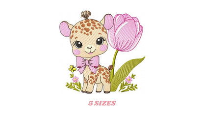 Female Giraffe embroidery designs - Baby Girl Safari animal machine embroidery pattern - Giraffe with tulip file - Instant download pes jef