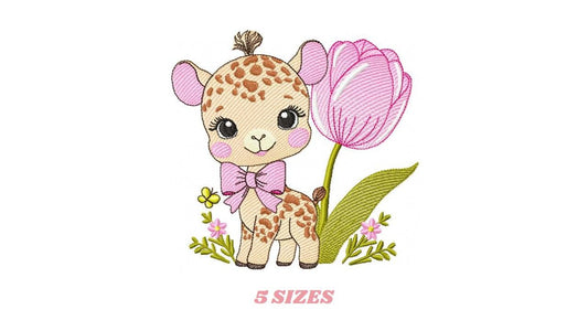 Female Giraffe embroidery designs - Baby Girl Safari animal machine embroidery pattern - Giraffe with tulip file - Instant download pes jef