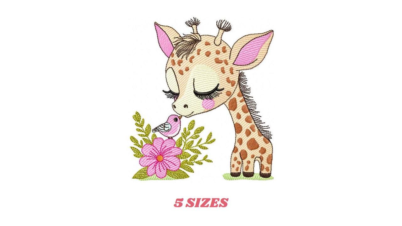 Giraffe with flower embroidery designs - Safari Female wild animal emachine embroidery pattern - Baby girl file - Instant download pes jef
