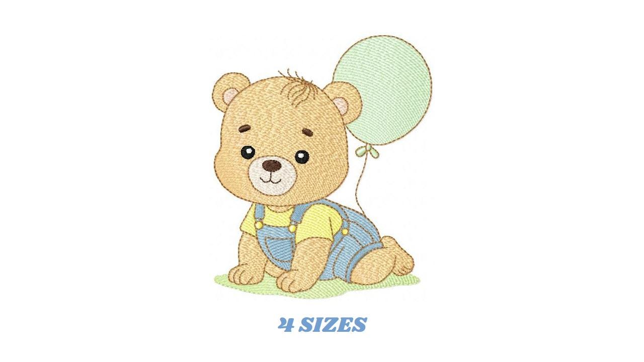 Male Bear with Balloon embroidery designs - Baby Boy bear machine embroidery pattern - Birthday Party file - Instant digital download pes