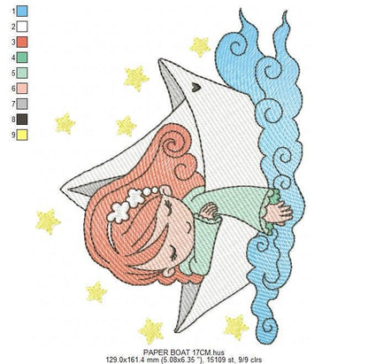 Girl with paper Boat embroidery designs - Fairy Girl long hair machine embroidery pattern - Ocean with waves file - Instant download pes jef