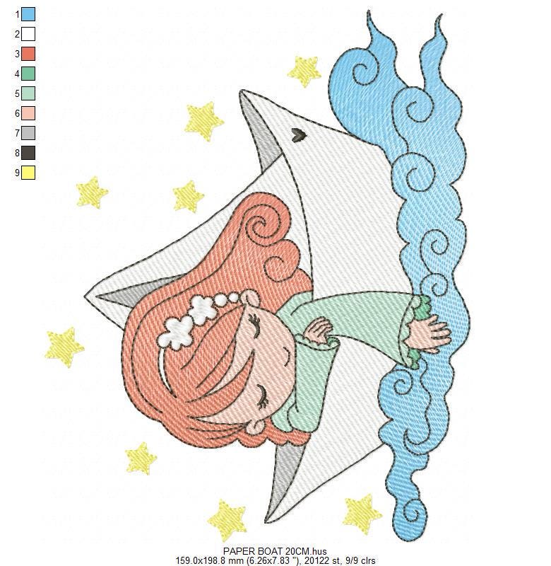 Girl with paper Boat embroidery designs - Fairy Girl long hair machine embroidery pattern - Ocean with waves file - Instant download pes jef