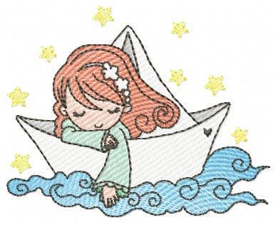 Girl with paper Boat embroidery designs - Fairy Girl long hair machine embroidery pattern - Ocean with waves file - Instant download pes jef