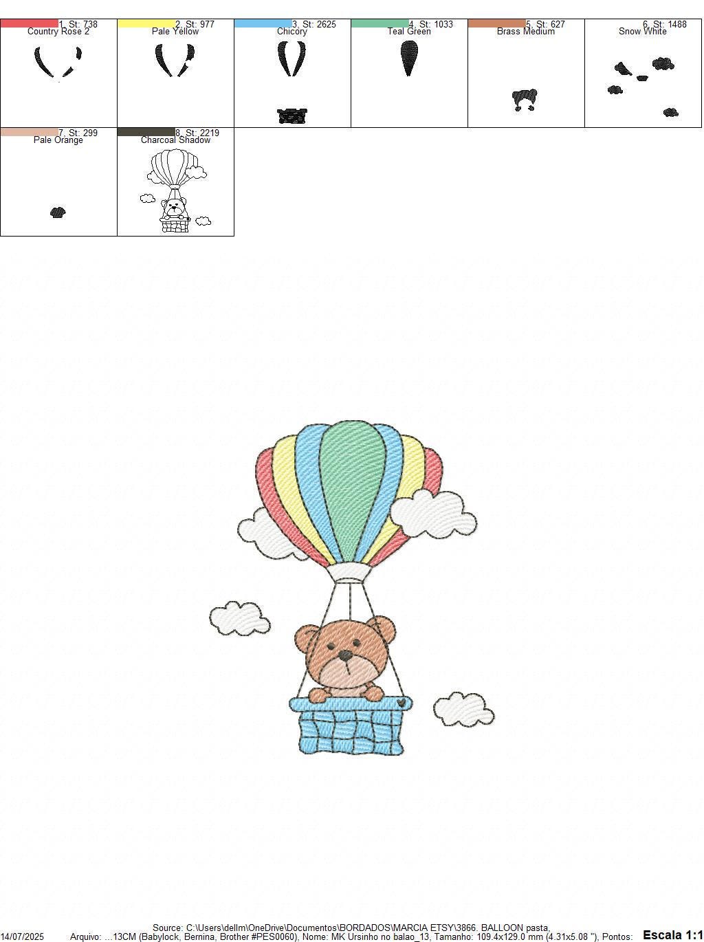 Bear with hot air balloon embroidery designs - Colorful Balloon with clouds machine embroidery pattern - Instant digital download pes jef