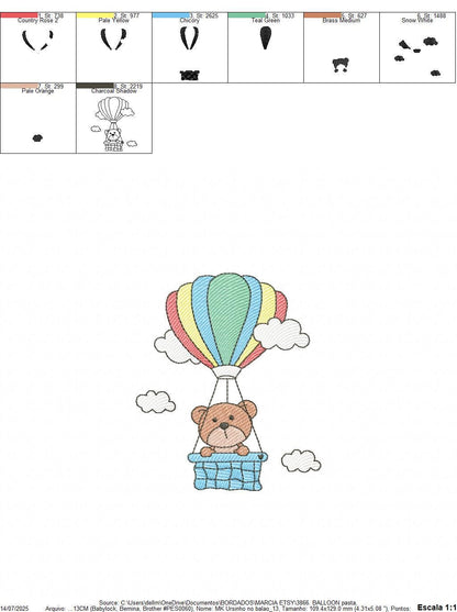 Bear with hot air balloon embroidery designs - Colorful Balloon with clouds machine embroidery pattern - Instant digital download pes jef