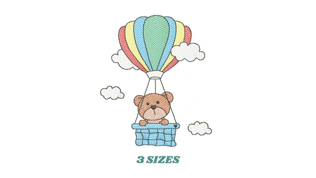 Bear with hot air balloon embroidery designs - Colorful Balloon with clouds machine embroidery pattern - Instant digital download pes jef