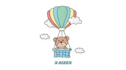 Bear with hot air balloon embroidery designs - Colorful Balloon with clouds machine embroidery pattern - Instant digital download pes jef