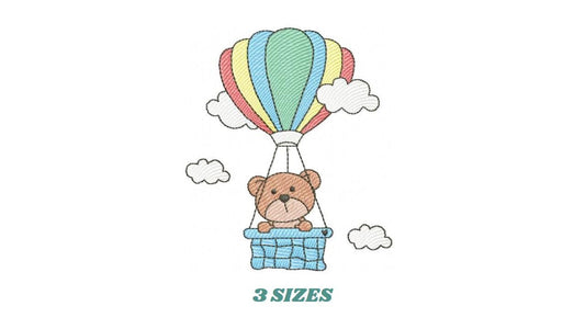 Bear with hot air balloon embroidery designs - Colorful Balloon with clouds machine embroidery pattern - Instant digital download pes jef