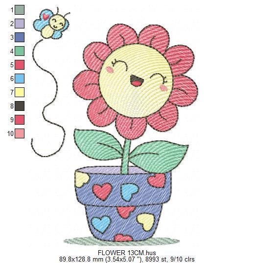 Flower with happy face embroidery designs - Flowerpot machine embroidery pattern - Floral Grandma Kitchen Towel - Instant download pes jef