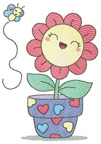 Flower with happy face embroidery designs - Flowerpot machine embroidery pattern - Floral Grandma Kitchen Towel - Instant download pes jef