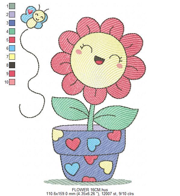 Flower with happy face embroidery designs - Flowerpot machine embroidery pattern - Floral Grandma Kitchen Towel - Instant download pes jef