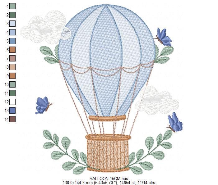 Balloon embroidery designs - Hot air balloon with butterflies machine embroidery pattern - Sky clouds baby boy file - Instant download pes