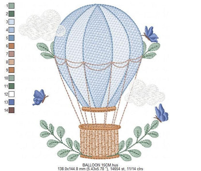 Balloon embroidery designs - Hot air balloon with butterflies machine embroidery pattern - Sky clouds baby boy file - Instant download pes