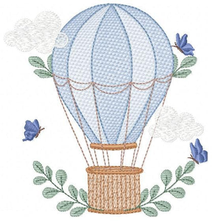 Balloon embroidery designs - Hot air balloon with butterflies machine embroidery pattern - Sky clouds baby boy file - Instant download pes