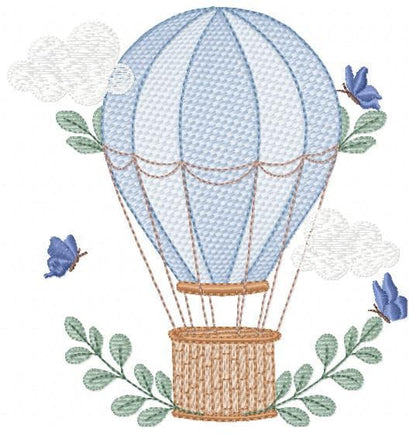 Balloon embroidery designs - Hot air balloon with butterflies machine embroidery pattern - Sky clouds baby boy file - Instant download pes