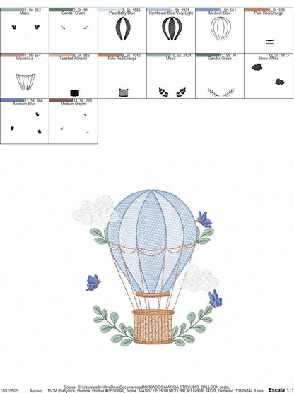 Balloon embroidery designs - Hot air balloon with butterflies machine embroidery pattern - Sky clouds baby boy file - Instant download pes