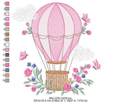 Balloon embroidery designs - Hot air balloon with butterflies machine embroidery pattern - Sky clouds baby girl file - Instant download pes