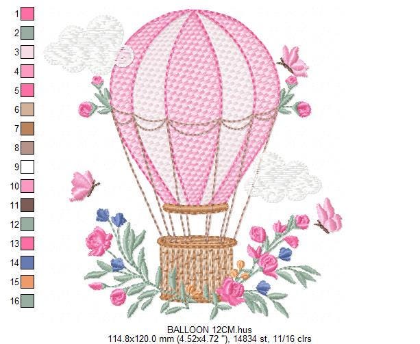 Balloon embroidery designs - Hot air balloon with butterflies machine embroidery pattern - Sky clouds baby girl file - Instant download pes