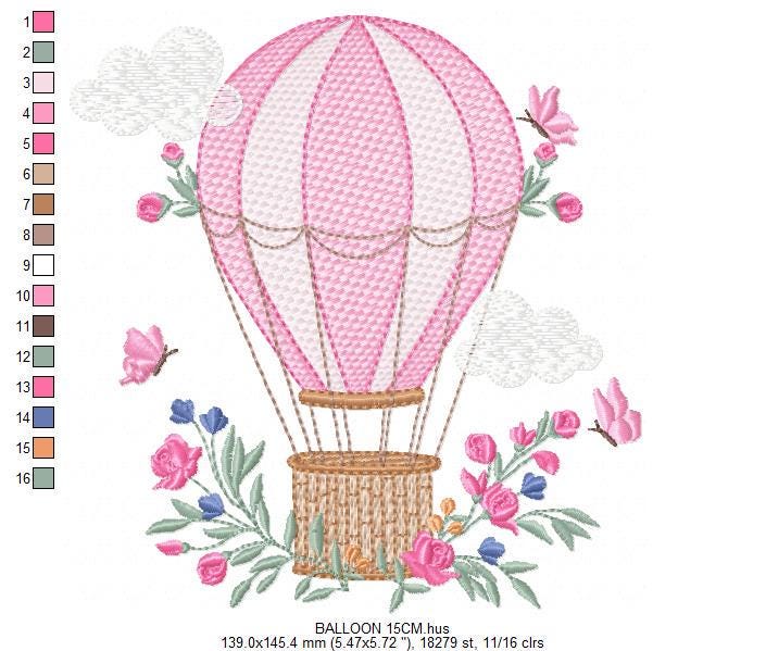 Balloon embroidery designs - Hot air balloon with butterflies machine embroidery pattern - Sky clouds baby girl file - Instant download pes