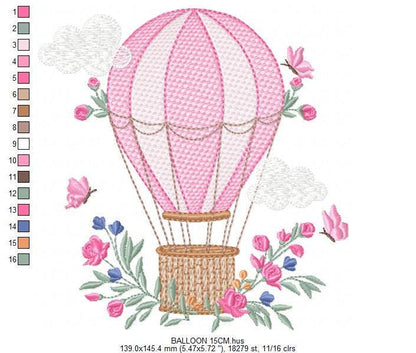 Balloon embroidery designs - Hot air balloon with butterflies machine embroidery pattern - Sky clouds baby girl file - Instant download pes