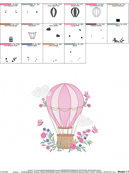 Balloon embroidery designs - Hot air balloon with butterflies machine embroidery pattern - Sky clouds baby girl file - Instant download pes