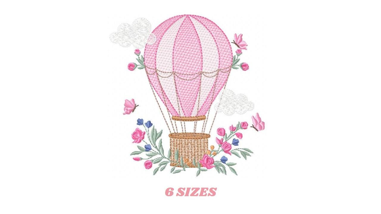 Balloon embroidery designs - Hot air balloon with butterflies machine embroidery pattern - Sky clouds baby girl file - Instant download pes