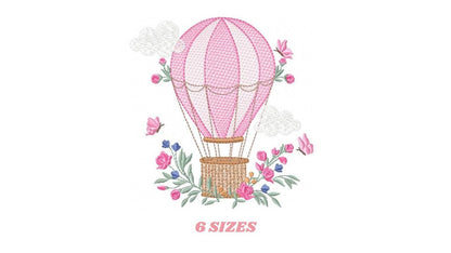 Balloon embroidery designs - Hot air balloon with butterflies machine embroidery pattern - Sky clouds baby girl file - Instant download pes