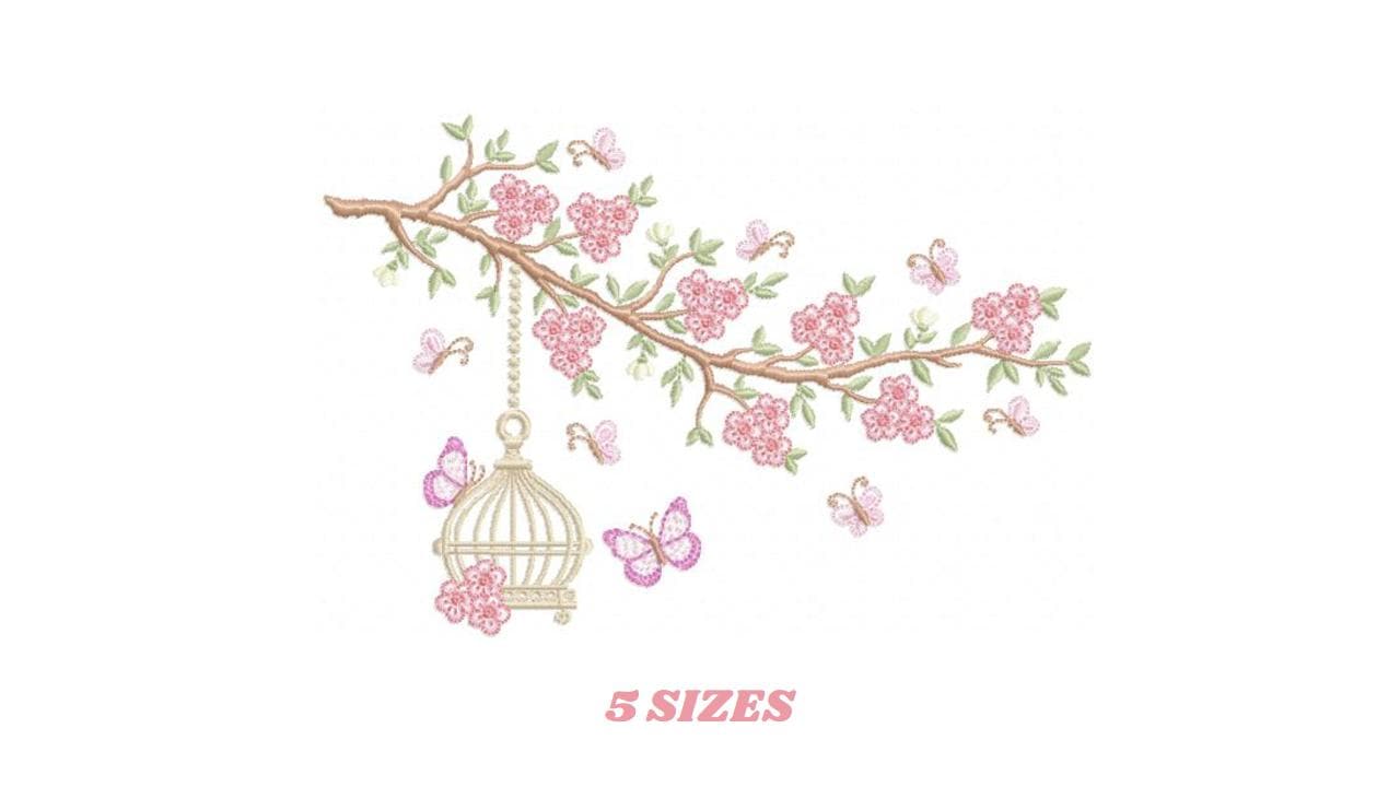Birdhouse embroidery designs - Cherry Blossom tree machine embroidery pattern - Baby girl file - Birds with tree - Instant download pes dst