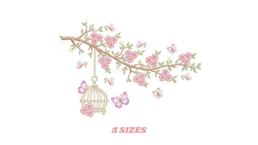 Birdhouse embroidery designs - Cherry Blossom tree machine embroidery pattern - Baby girl file - Birds with tree - Instant download pes dst