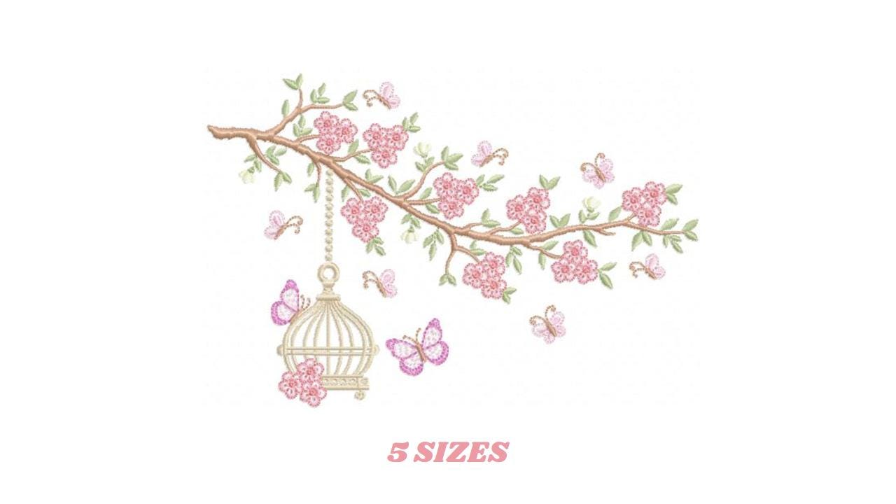 Birdhouse embroidery designs - Cherry Blossom tree machine embroidery pattern - Baby girl file - Birds with tree - Instant download pes dst