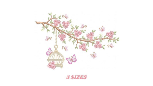 Birdhouse embroidery designs - Cherry Blossom tree machine embroidery pattern - Baby girl file - Birds with tree - Instant download pes dst