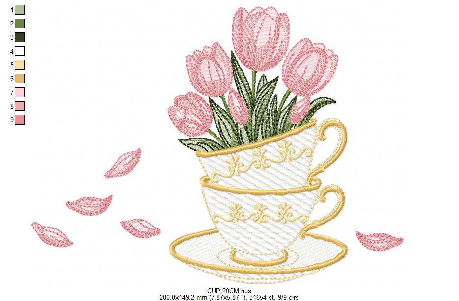Coffee Cup with flower embroidery designs - Floral Kitchen Towel motiv machine embroidery pattern - Instant digital download pes dst jef hus