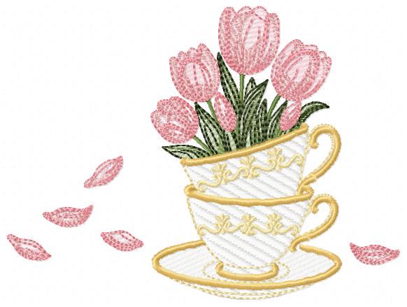 Coffee Cup with flower embroidery designs - Floral Kitchen Towel motiv machine embroidery pattern - Instant digital download pes dst jef hus