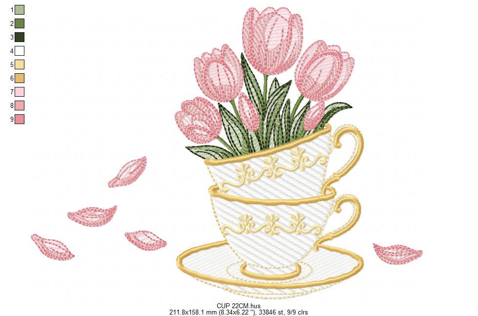 Coffee Cup with flower embroidery designs - Floral Kitchen Towel motiv machine embroidery pattern - Instant digital download pes dst jef hus