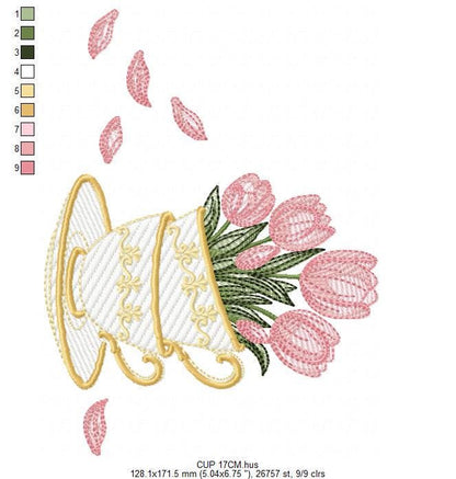 Coffee Cup with flower embroidery designs - Floral Kitchen Towel motiv machine embroidery pattern - Instant digital download pes dst jef hus