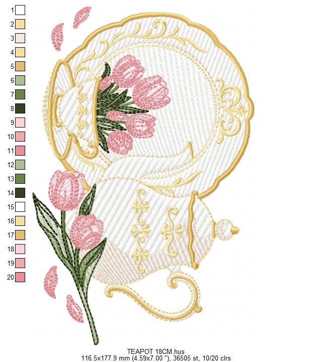 Teapot with plate and flowers embroidery design - Teacup with flowers machine embroidery pattern - Kitchen Towel file - Instant download pes