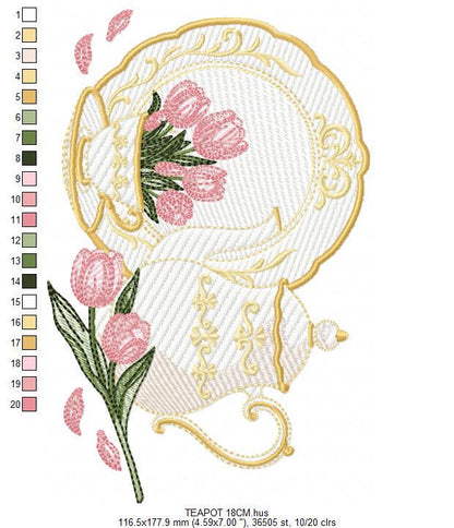 Teapot with plate and flowers embroidery design - Teacup with flowers machine embroidery pattern - Kitchen Towel file - Instant download pes