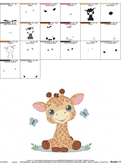 Giraffe embroidery design - Wild Safari Animal with flowers machine embroidery pattern - Giraffe with butterflies - Instant download pes jef