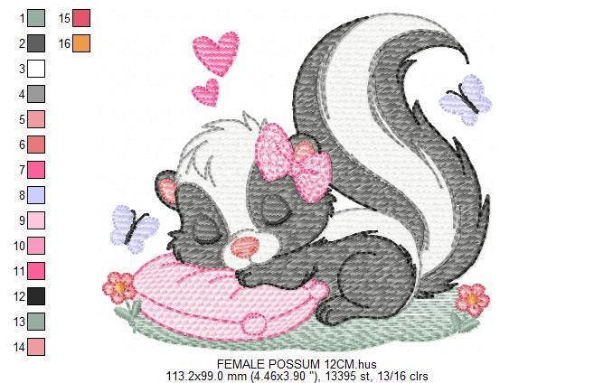 Female Possum embroidery design - Woodland Animal with lace and butterflies machine embroidery pattern - Instant digital download pes jef