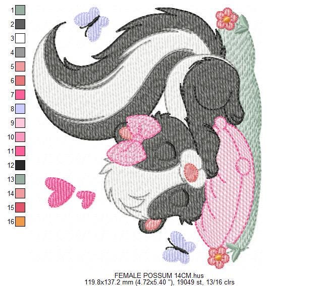 Female Possum with lace and butterflies embroidery design - Woodland Animal machine embroidery pattern - Instant digital download pes jef