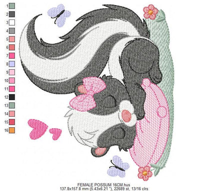 Female Possum with lace and butterflies embroidery design - Woodland Animal machine embroidery pattern - Instant digital download pes jef