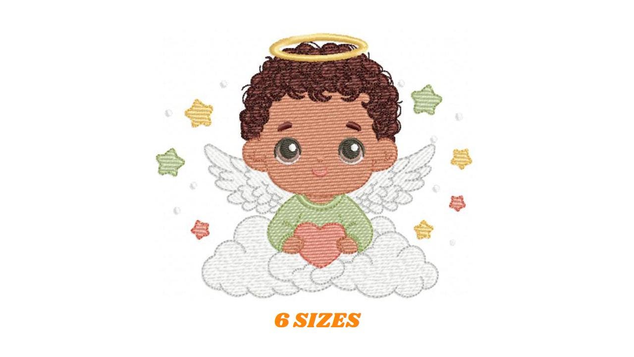Angel with wings and halo embroidery designs - Angelic Baby boy with cloud machine embroidery pattern - Boy with wings - Instant download