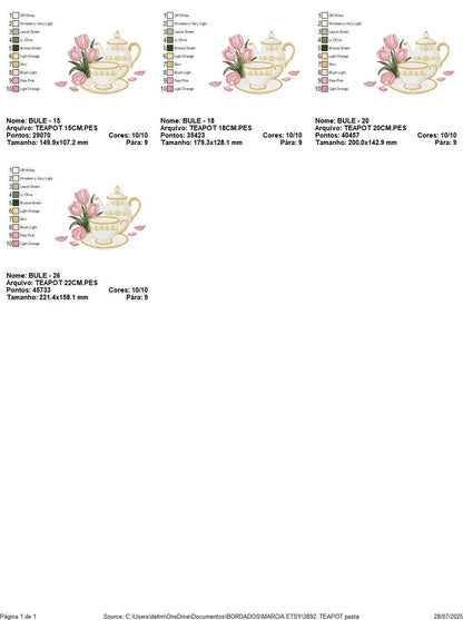 Teapot with cup and plate with flowers embroidery design - Teacup with flowers machine embroidery pattern - Kitchen Towel - Instant download