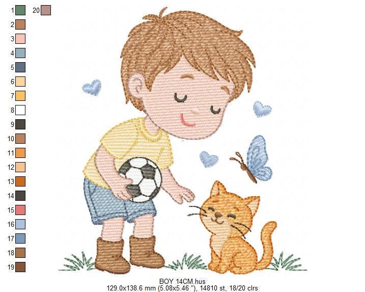 Baby boy embroidery designs - Soccer player with cat machine embroidery file - Boy with ball and cat file - Instant digital download pes jef