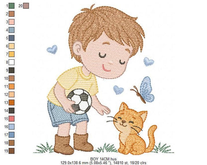 Baby boy embroidery designs - Soccer player with cat machine embroidery file - Boy with ball and cat file - Instant digital download pes jef