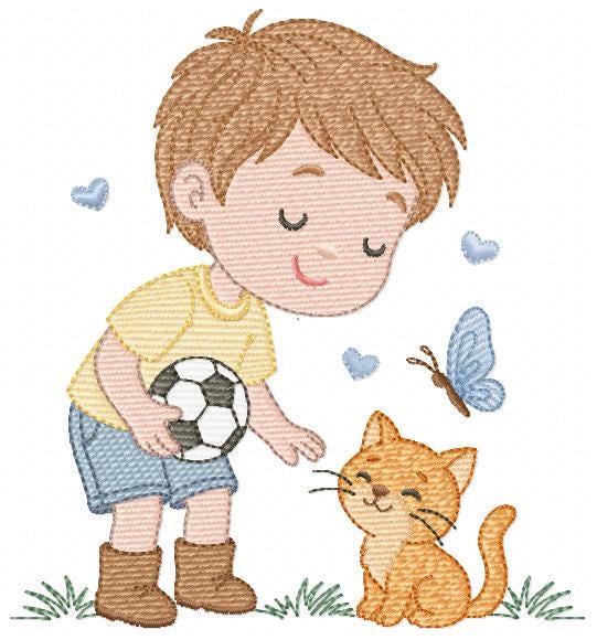Baby boy embroidery designs - Soccer player with cat machine embroidery file - Boy with ball and cat file - Instant digital download pes jef