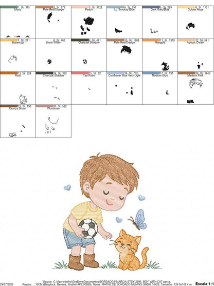Baby boy embroidery designs - Soccer player with cat machine embroidery file - Boy with ball and cat file - Instant digital download pes jef