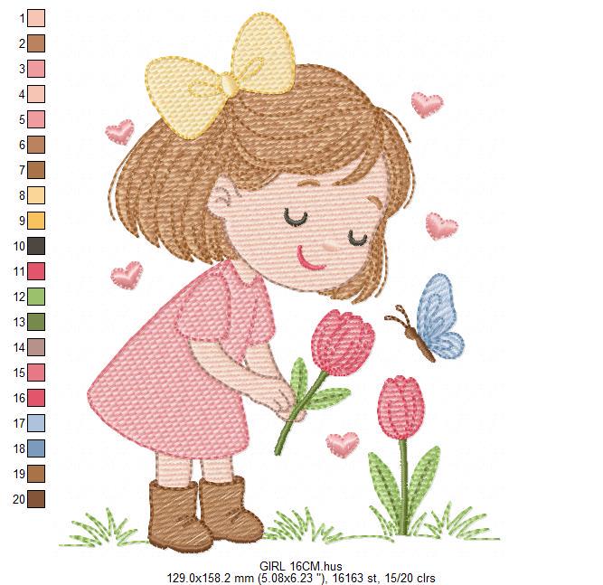 Baby girl embroidery designs - Girl with flowers and butterflies machine embroidery pattern - Princess embroidery - Instant digital download