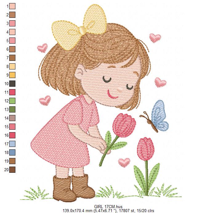 Baby girl embroidery designs - Girl with flowers and butterflies machine embroidery pattern - Princess embroidery - Instant digital download