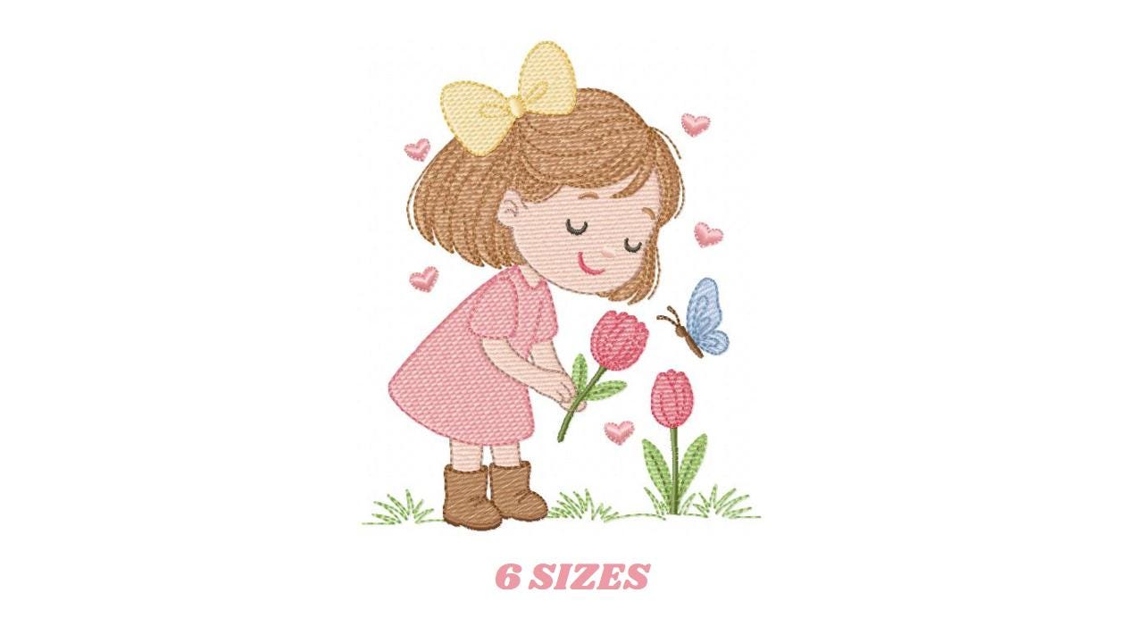 Baby girl embroidery designs - Girl with flowers and butterflies machine embroidery pattern - Princess embroidery - Instant digital download